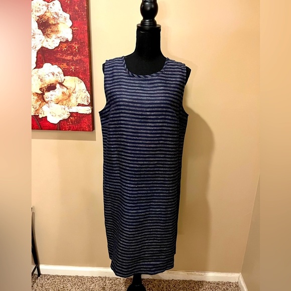 J Jill Love Linen Navy Blue Stripe 100% Linen Midi Dress m, Size Medium - Picture 1 of 7